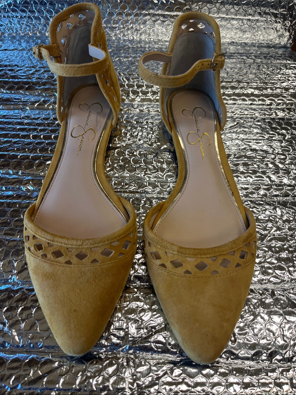 Jessica Simpson Mustard Suede Pointed-Toe Ankle-Strap Flats